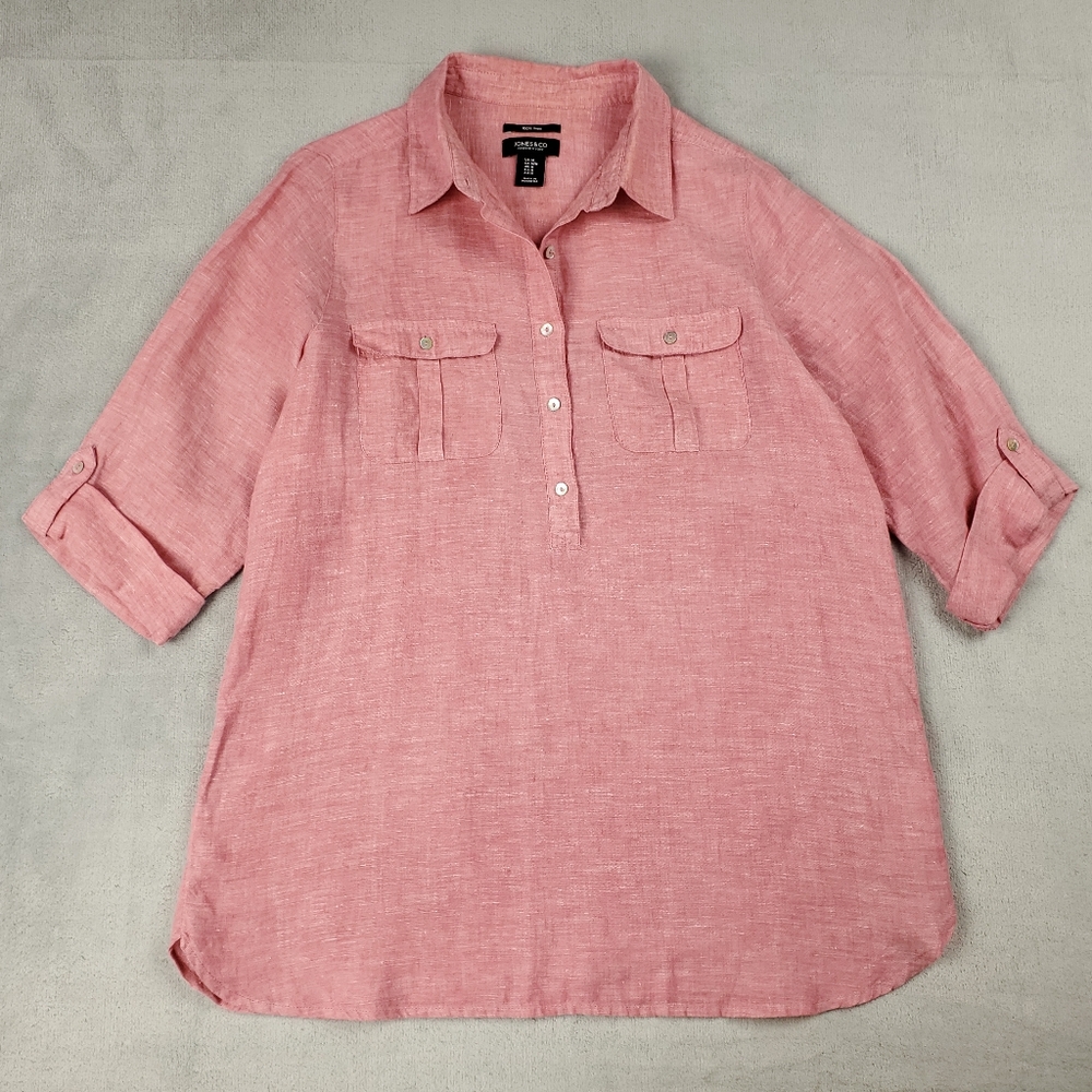 Jones New York Linen Shirt Womens Medium Roll Tab Sleeve Half Button Lightweight